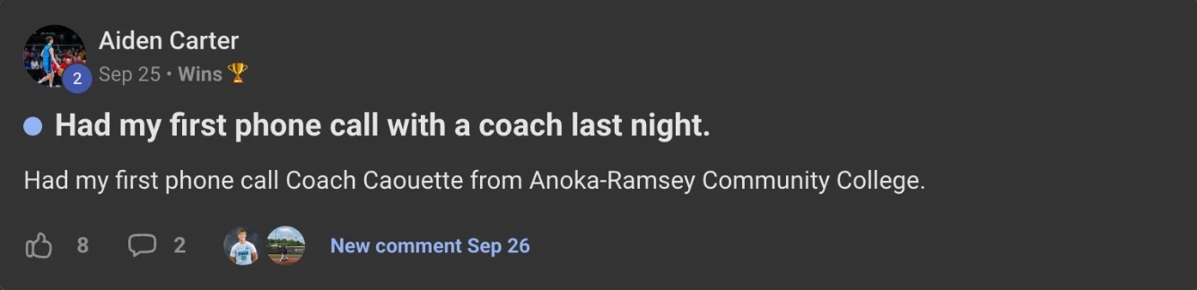 Wins post from Aiden Carter: first phone call with a coach