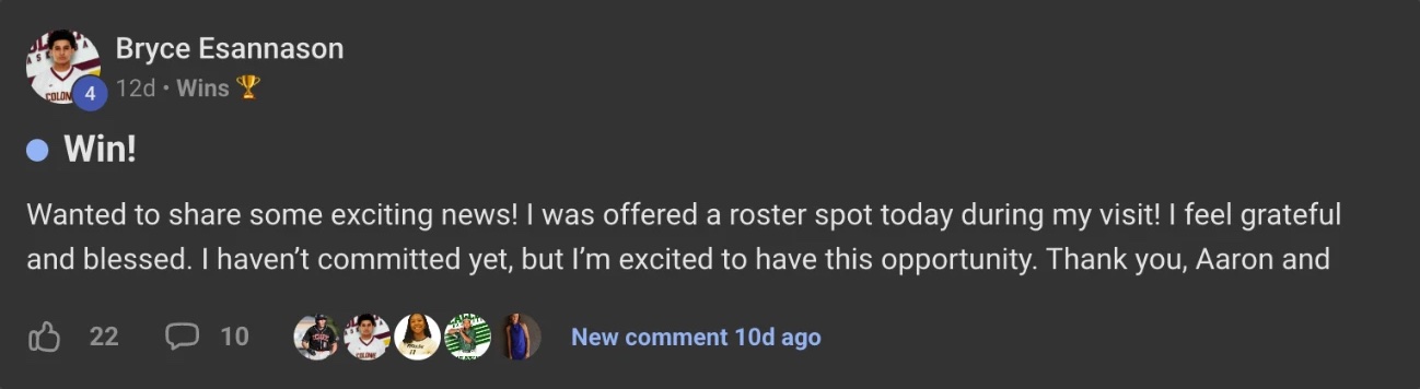 Wins post from Bryce Esannason: offered a roster spot on his visit