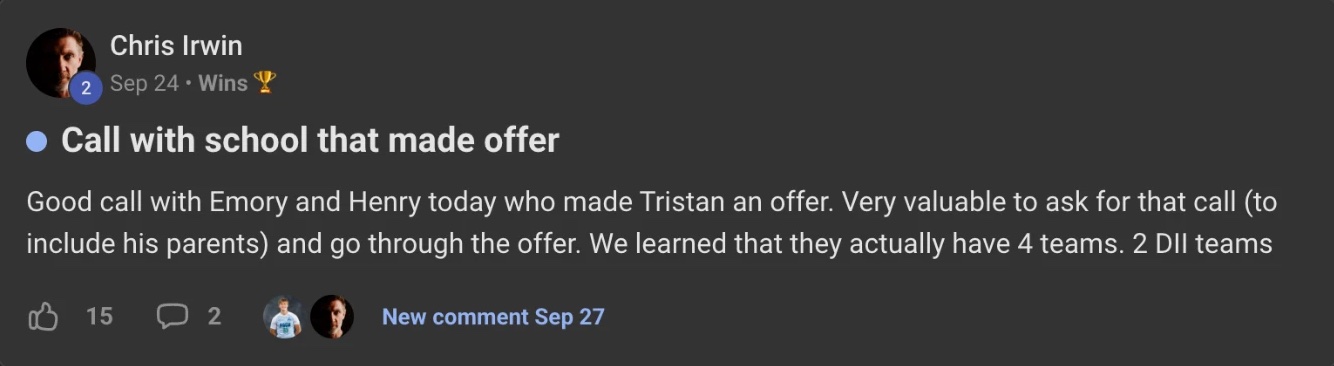 Wins post from Chris Irwin: call with Emory and Henry after they offered Tristan