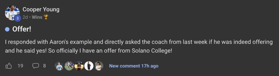 Wins post from Cooper Young: offer from Solano College