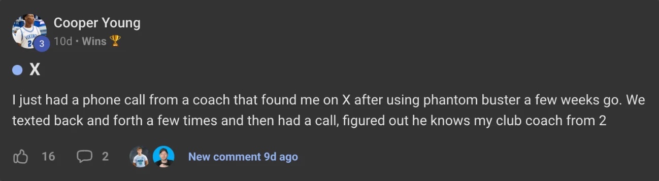 Wins post from Cooper Young: coach found him on X and called