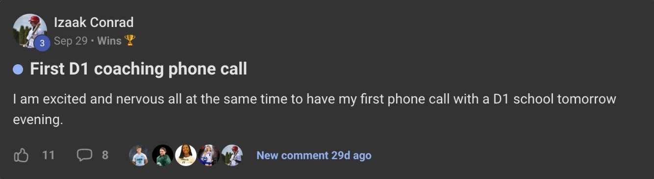 Wins post from Izaak Conrad: first D1 coaching phone call