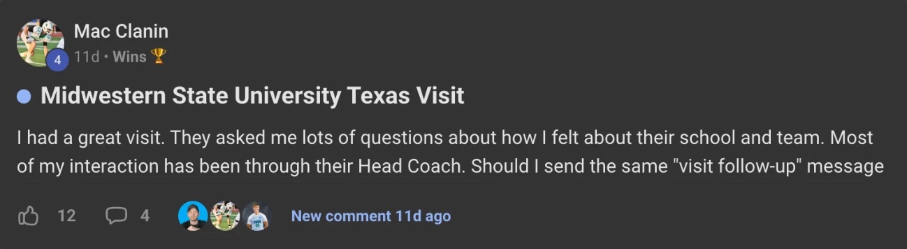 Wins post from Mac Clanin: Midwestern State University visit