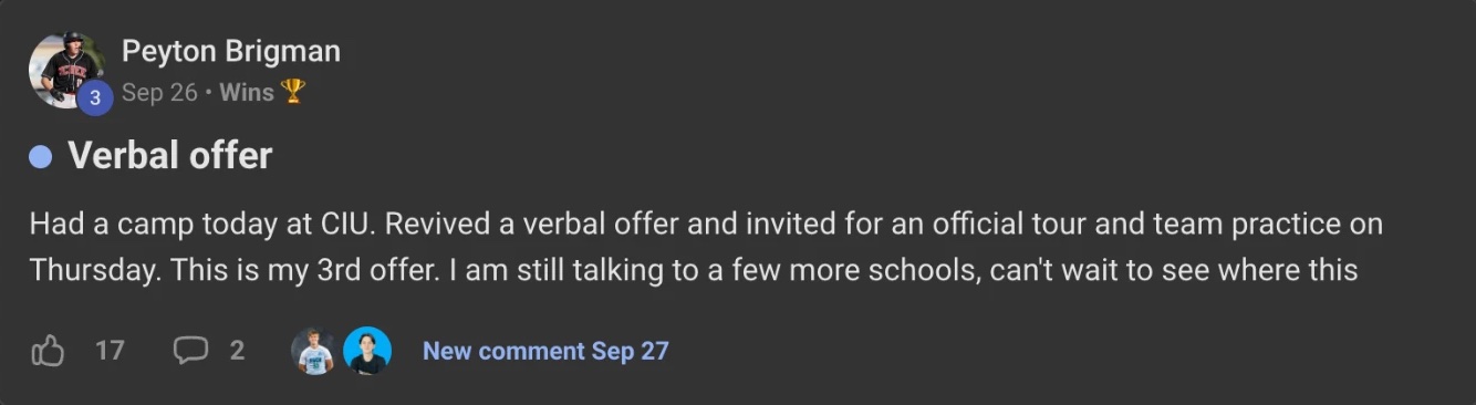 Wins post from Peyton Brigman: verbal offer, his 3rd offer