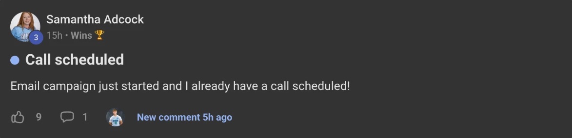 Wins post from Samantha Adcock: call scheduled from her email campaign